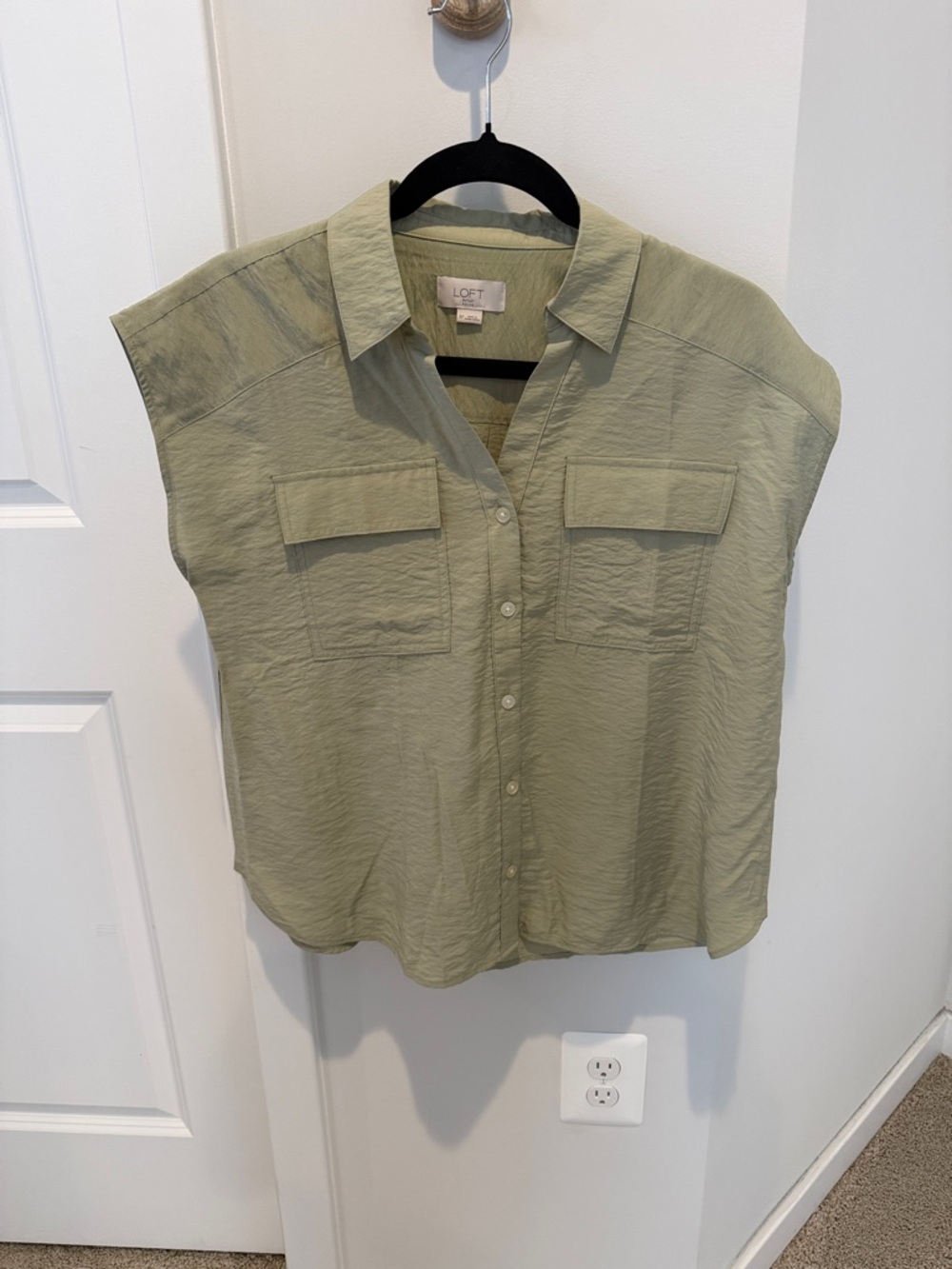 LOFT Light Sage Green Cap Sleeve Button-Front Shirt